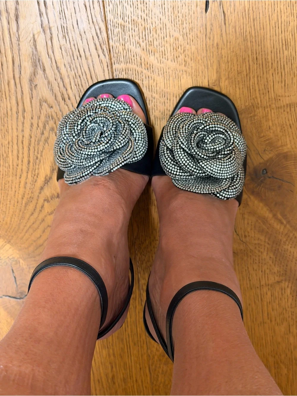 MICHAEL Michael Kors Black Heeled Sandals with Crystal Rosette